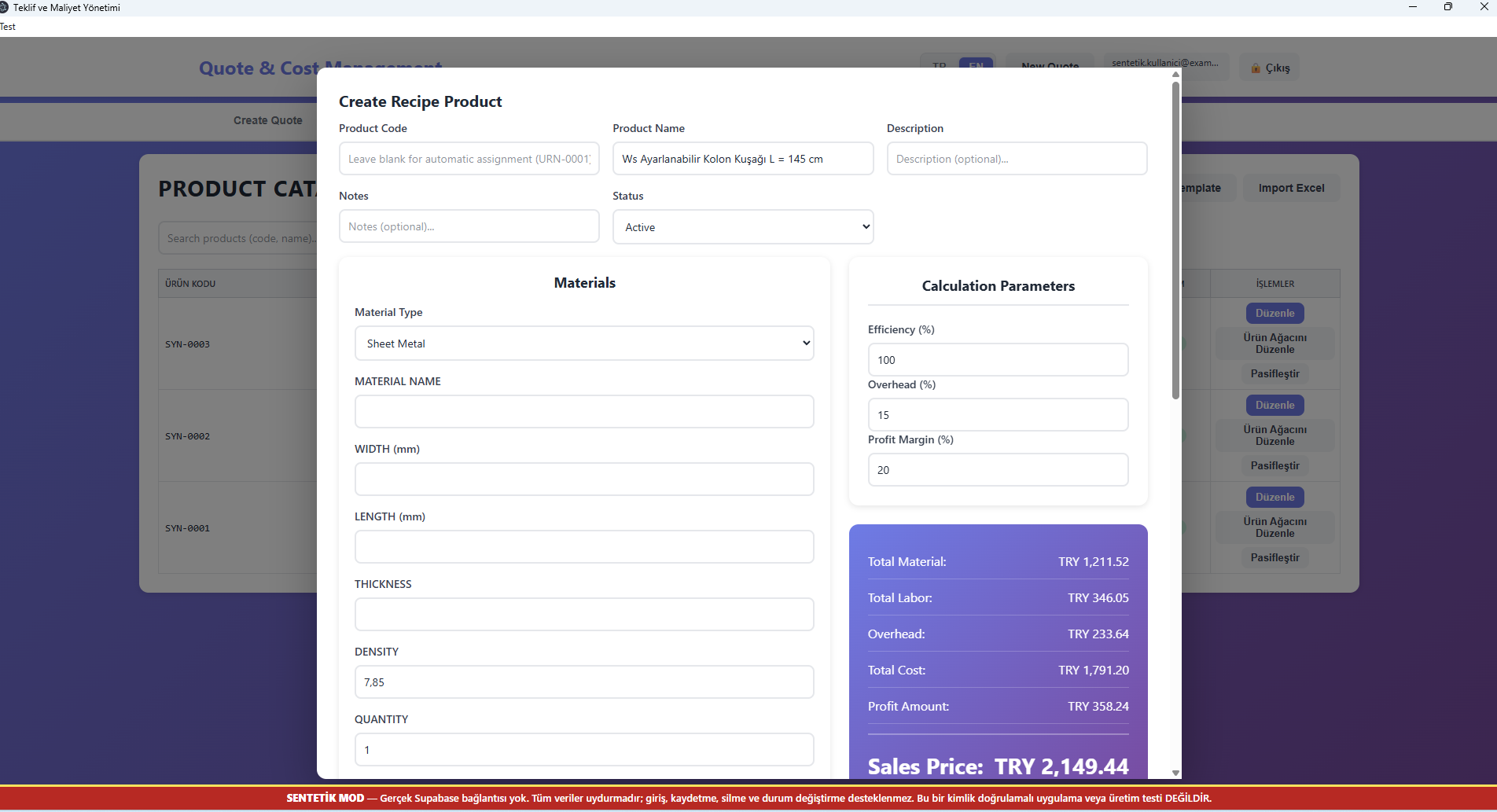 Populated English demonstration: material costs total TRY 1,211.52. The calculation panel shows overhead and profit alongside the calculated sale price.