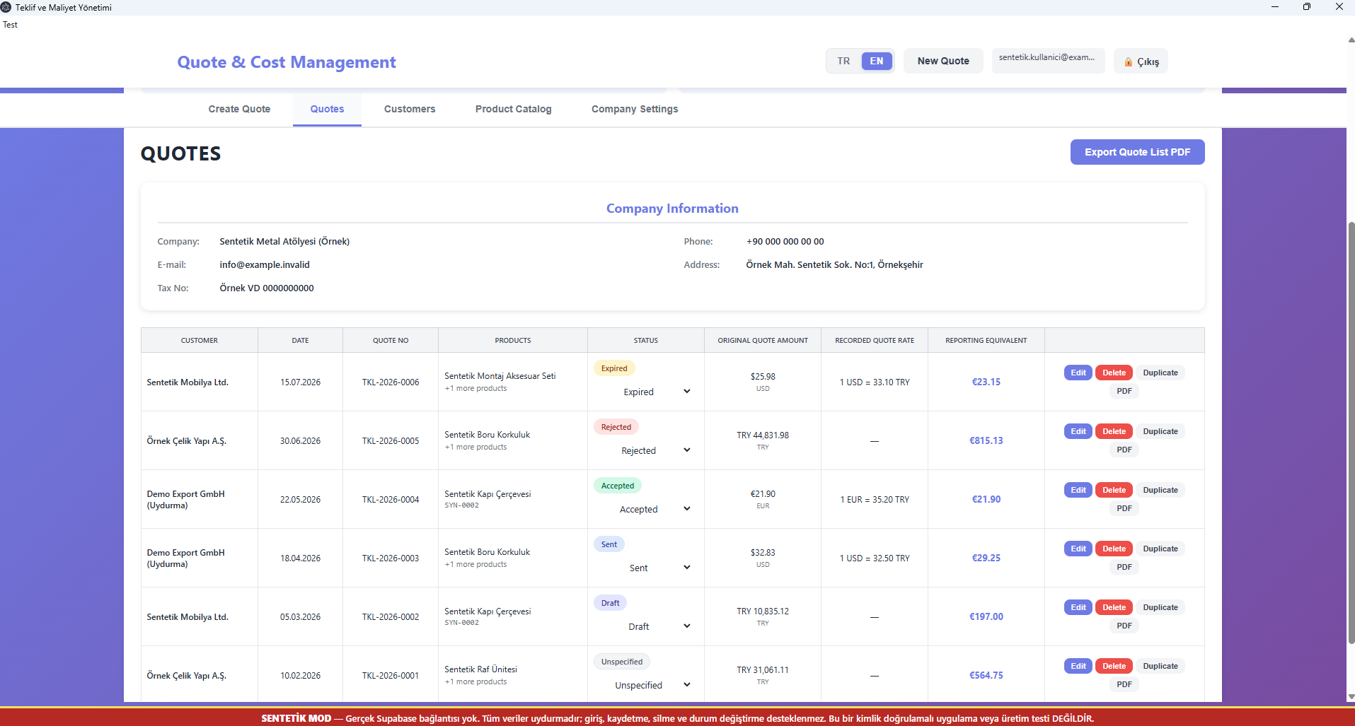 Quotation tracking: Review original amounts, recorded exchange rates, reporting equivalents and quote statuses in one list.