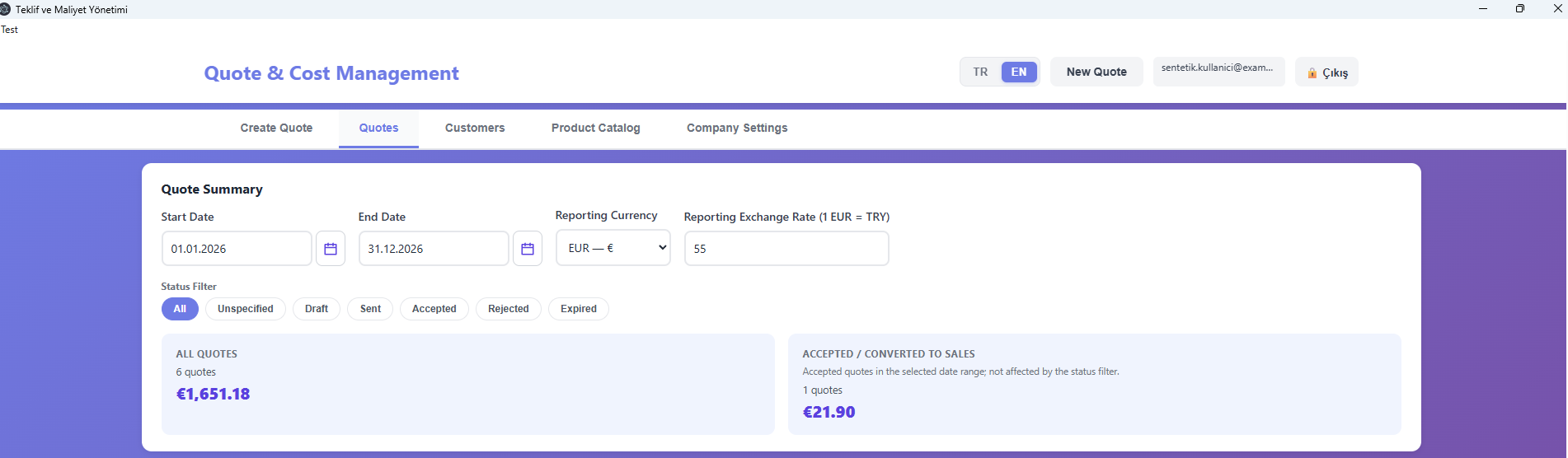 Reporting summary: Choose a date range, status and reporting currency. Original quote amounts remain separate from reporting equivalents.